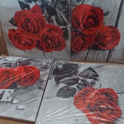 Canvas Wall Decor 16 in x 16 in each one , Red Rose. Set 4pcs