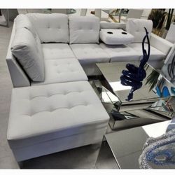 White Leather Sectional Sofa With Storage And Cup Holder New