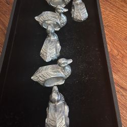 Vintage Mid-Century Silver Tone Pewter Duck Napkin Rings Set of 6