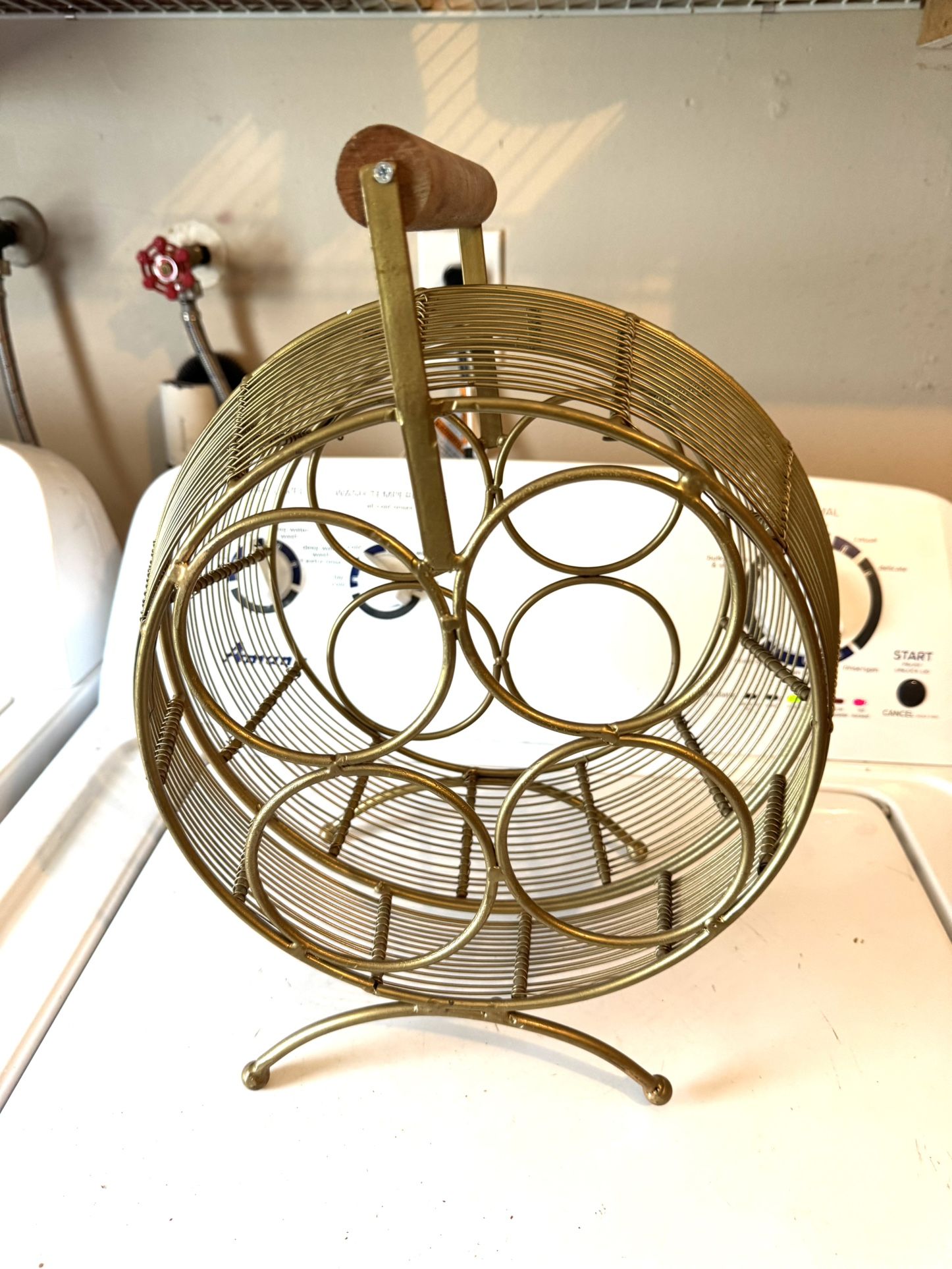 Mid Century Modern Gold Finish Metal Round Wine Rack Wood Handle 12” X 16”