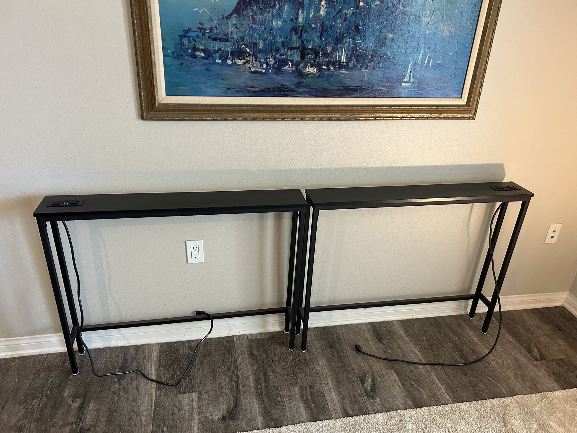 Set of 2 Narrow Console Tables with Outlets/USB - Black
