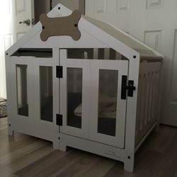 Beautiful White Custom Furniture-like Dog Kennel. Barely Used Excellent Condition. 2 Covers For Inside Cushion. 