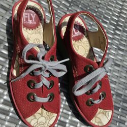 FLY London Yiva Red Suede Leather Wedge Sandals Size Uk 36, US 5.5 Laser Dots