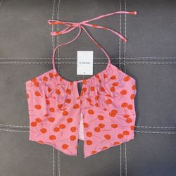 New FOREVER 21 Halter Crop Top Small Cherries Pink Icing Open Front Slit Cherry