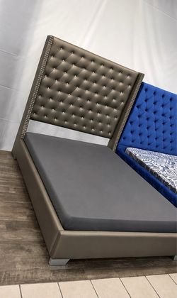 GREY LEATHER BED - TALL DIAMOND HEADBOARD ποΈπ©Ά