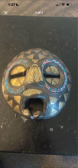 Ghana Carved Wood Mask Ceremonial Beaded w Brass Inlays African Tribal Art 9" Figurine