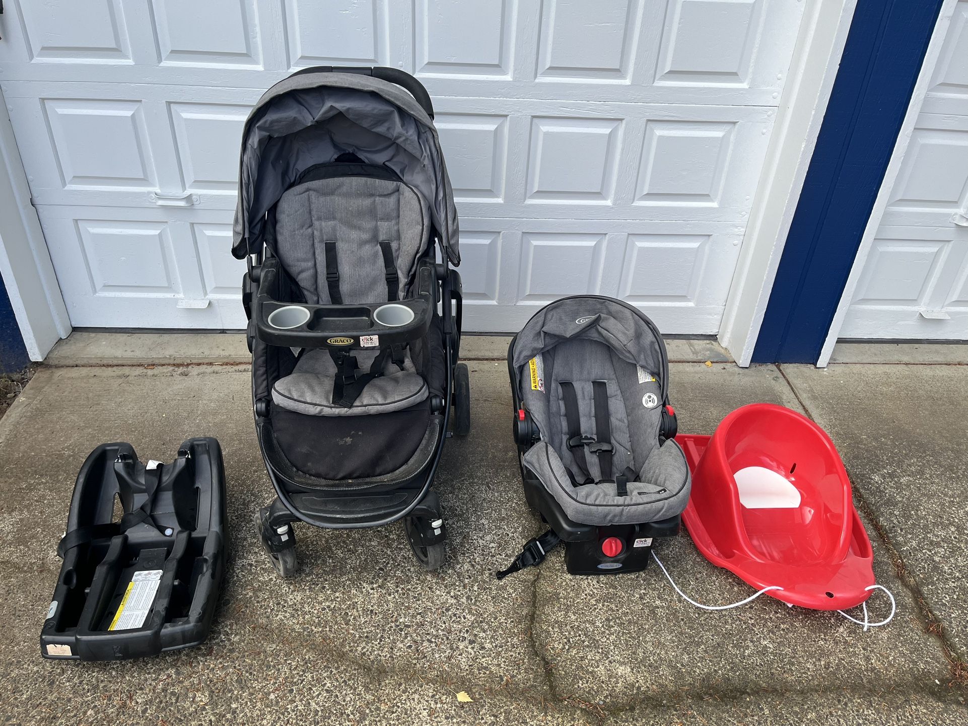 Graco stroller, baby car seat, 2 bases, and pull sled