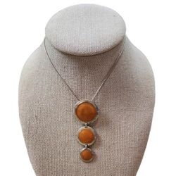 Vintage Silver Toned Orange Swirl Enamel Circle Trio Pendant Necklace