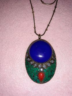 Lapis, Turquoise and Red Coral, mother of pearl necklace