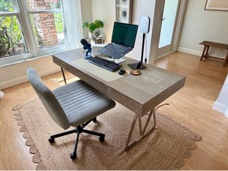 Solid Wood Desk with Metal Legs, Rolling Chair & Jute Rug