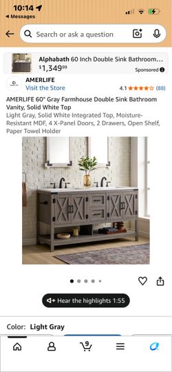 AMERLIFE 60" Gray Farmhouse Double Sink Bathroom Vanity
