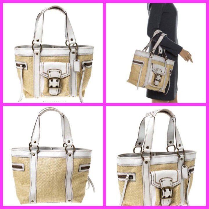 MSRP $398 *PRISTINE* COACH large straw and white leather buckle tote