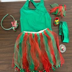 Holiday Girls Dance Play Green Red Outfit With Hair, Scrunchies, Headband, And Holiday Pin