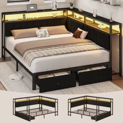 Queen Corner Bed Frame W/ Drawers, LED Lights & Power Outlet