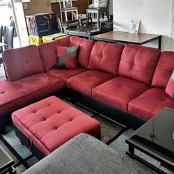 Red Microfiber Sectional Couch And Ottoman