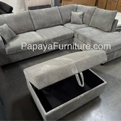 106”L Plush Sectional Sofa And Ottoman, Sectional And Storage Ottoman, Grey Couch, Grey Sofa, Gray Sectional, L-Shaped Couch, Sofas, Living Room Sofa