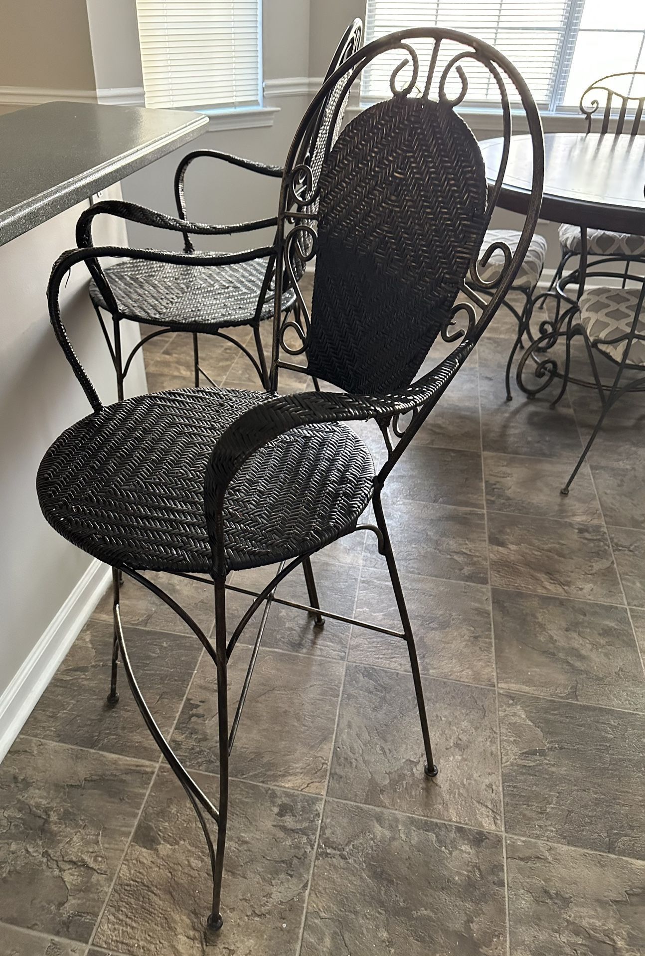 Counter Height Black Rattan Weave / Wrought Iron Bar Stools, Set of 4