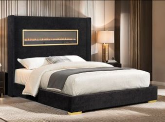 Brand New Black Queen Bed Frame w Fireplace Simulator (Available in Eastern King)