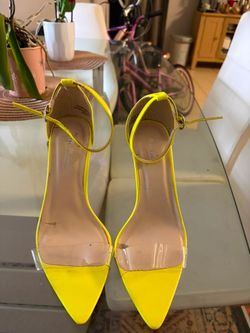 Neon Yellow Pointed-Toe Heels with Clear Strap
