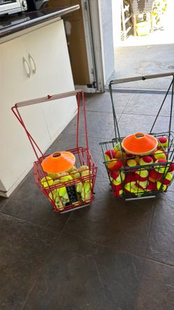 Tennis ball with collecting basket and cones