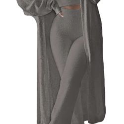 Women's Fuzzy 3 Piece Sweatsuit Open Front Cardigan Crop Tank Tops Wide Legs Pants Lounge Sets