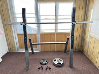 Squat Rack with Barbell, Weight Plates, and Collars