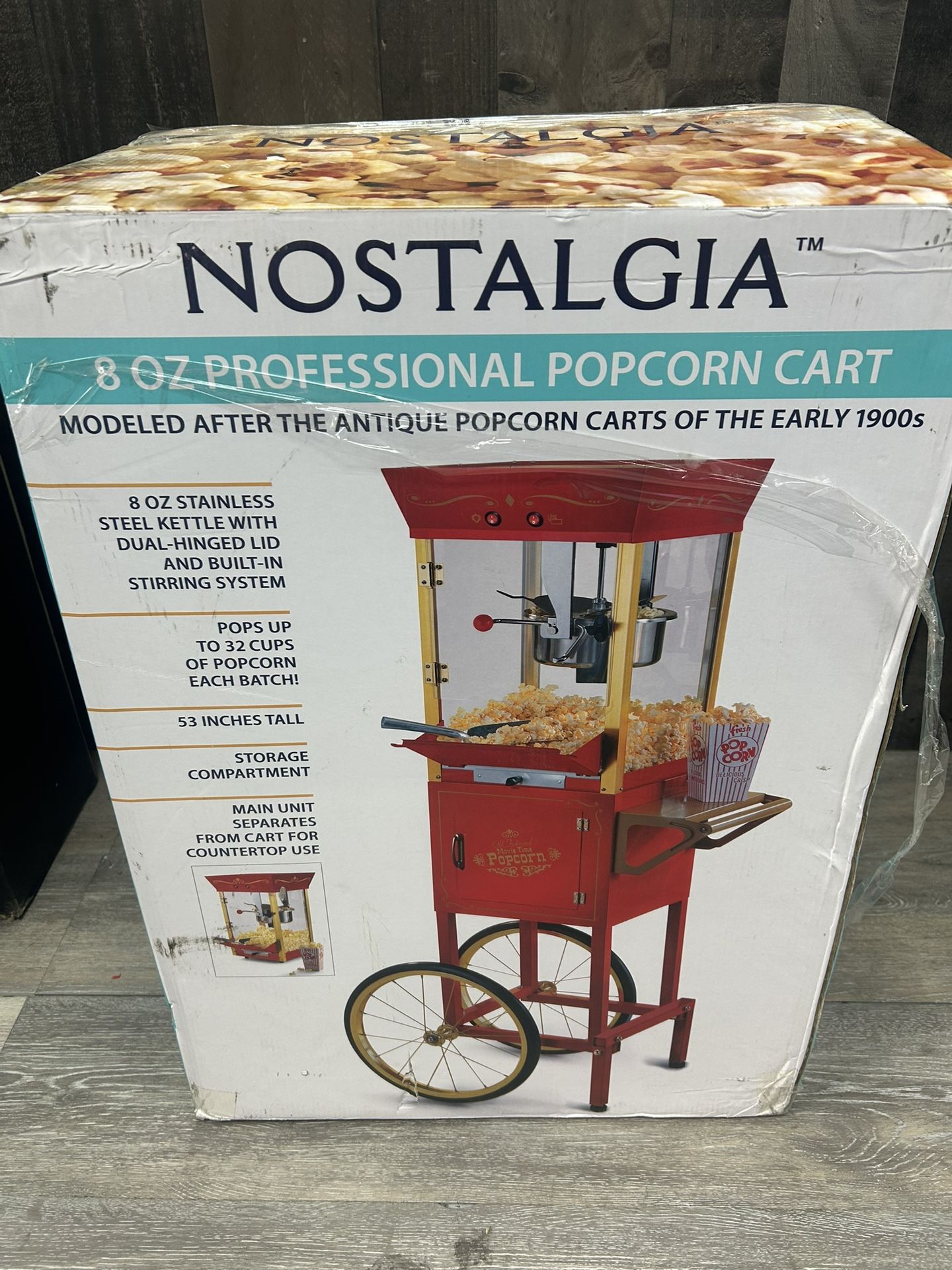 Vintage Professional 8 Oz Kettle Red Popcorn Machine Cart with Interior Light, Measuring Spoons and Scoop