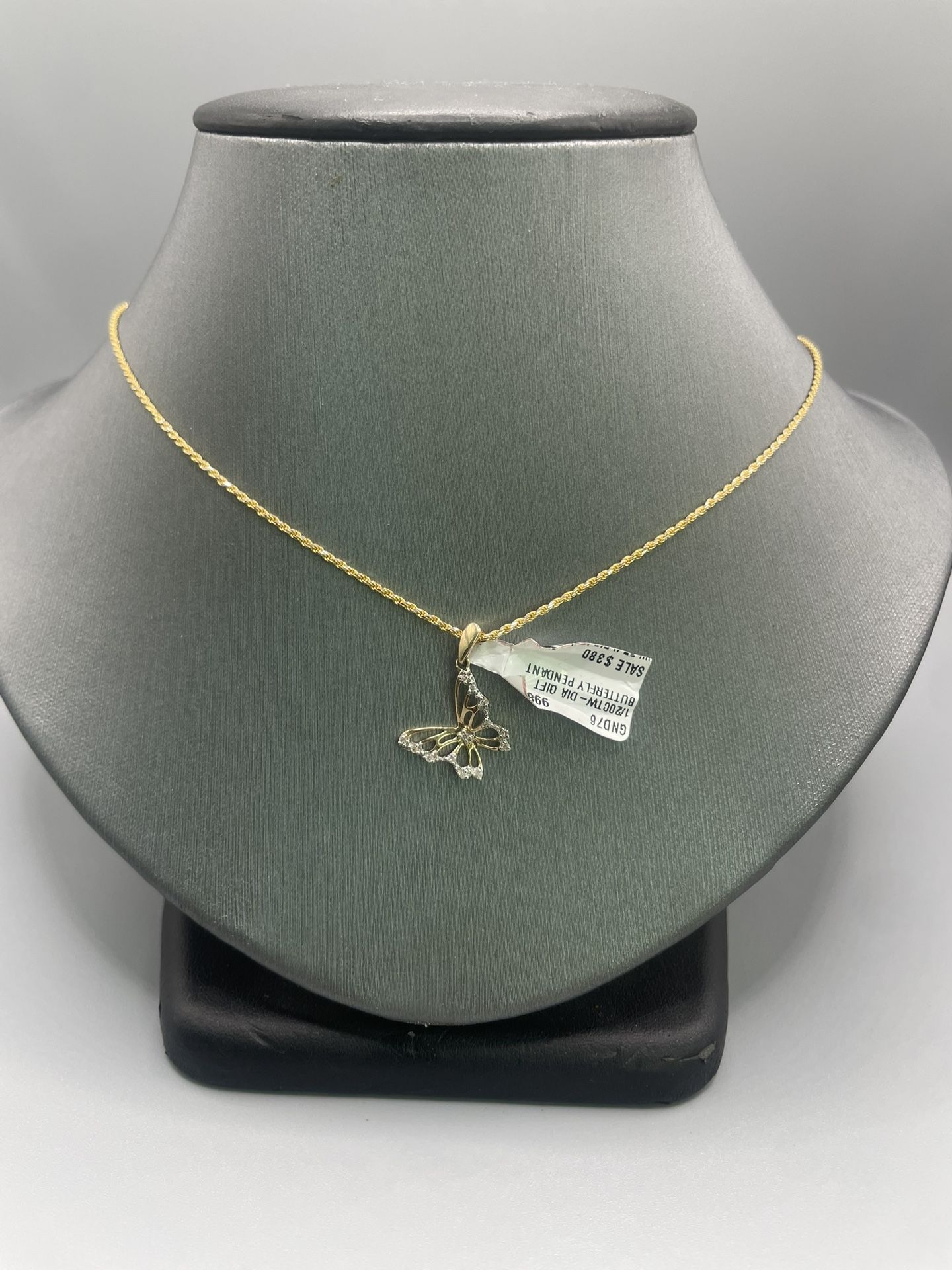 10kT Gold And Diamond Butterfly Charm With 10Kt Gold Rope Chain