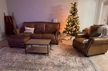 Brown Leather Sofa with Chaise and Armchair Set