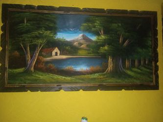 Mexican Folk vintage mid-century style landscape oil painting on black velvet,