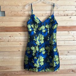 Lulus Women’s Black and Blue Floral Pattern Jacquard Mini Dress Size S NWT