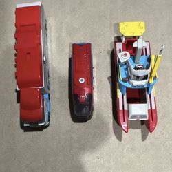 3 big paw patrol veacals that each open up and come with different characters and is a great toy for kids age 5-10