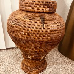ANTIQUE HAND WOVEN 17” -19” Tall Philippine COIL BASKET WITH LID African Tribal