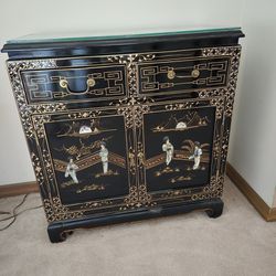 Asian Chinoserie side cabinet, and side table with mirror