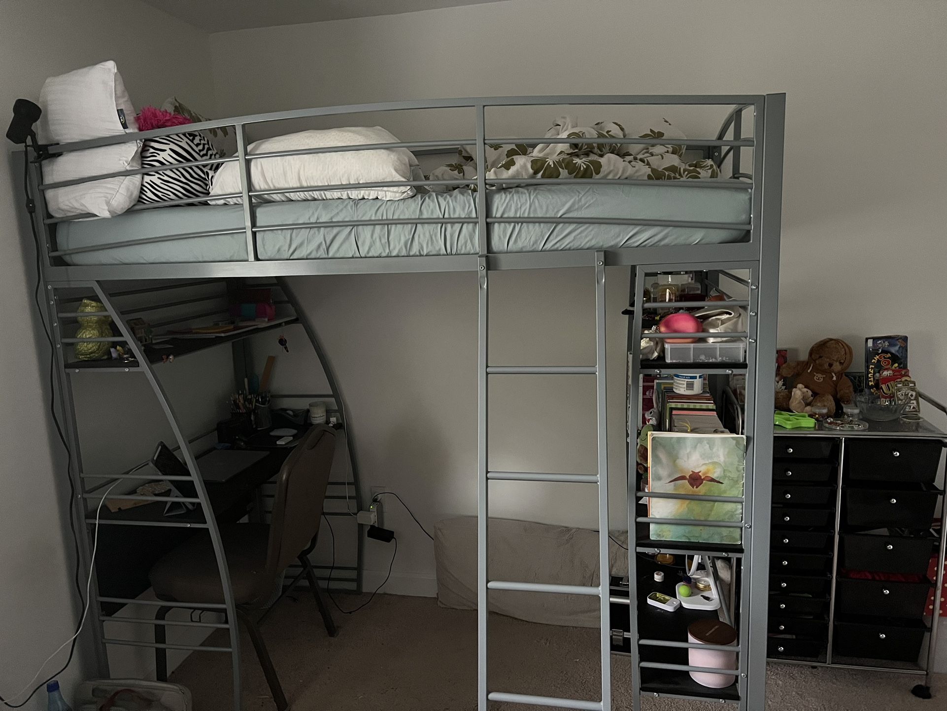 Twin Metal Loft Bed With Table, Bookshelves And Mattress 