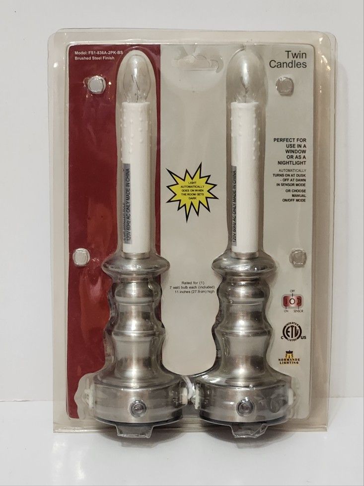 Window Candles Electric Dusk/Dawn Sensor & On/Off Switch Brushed Steel Set 2 USA