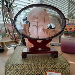 ORIENTAL DECOR A SMALL CORK CARVING PANDA BAMBOO GLASS STAND