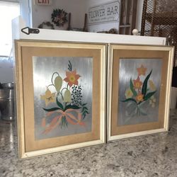 Vintage Floral Reverse Glass Wall Art Pair