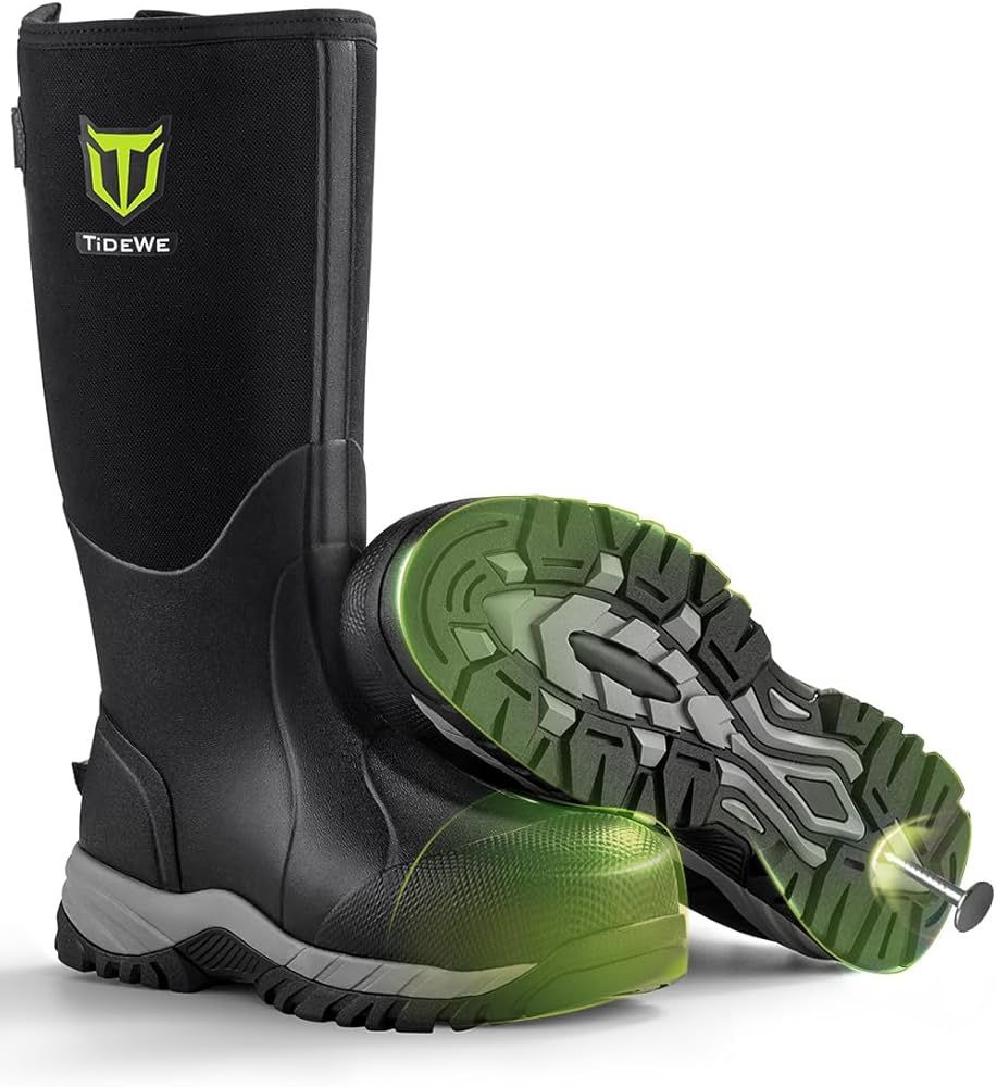 TIDEWE Puncture-Proof Work Boots with Steel Toe and Shank, Waterproof Non-Slip Rubber Boots for Men, 0.236 Inch Neoprene Outdoor Boots, Durable Huntin