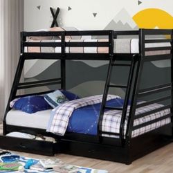 Brand New Black Twin Over Full Bunk Bed w Trundle Drawers 