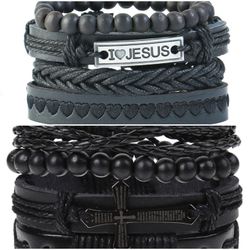 2 x Set Adjust. Size up to 9.5inc Leather Bracelet, (I__Jesus-Cross)
