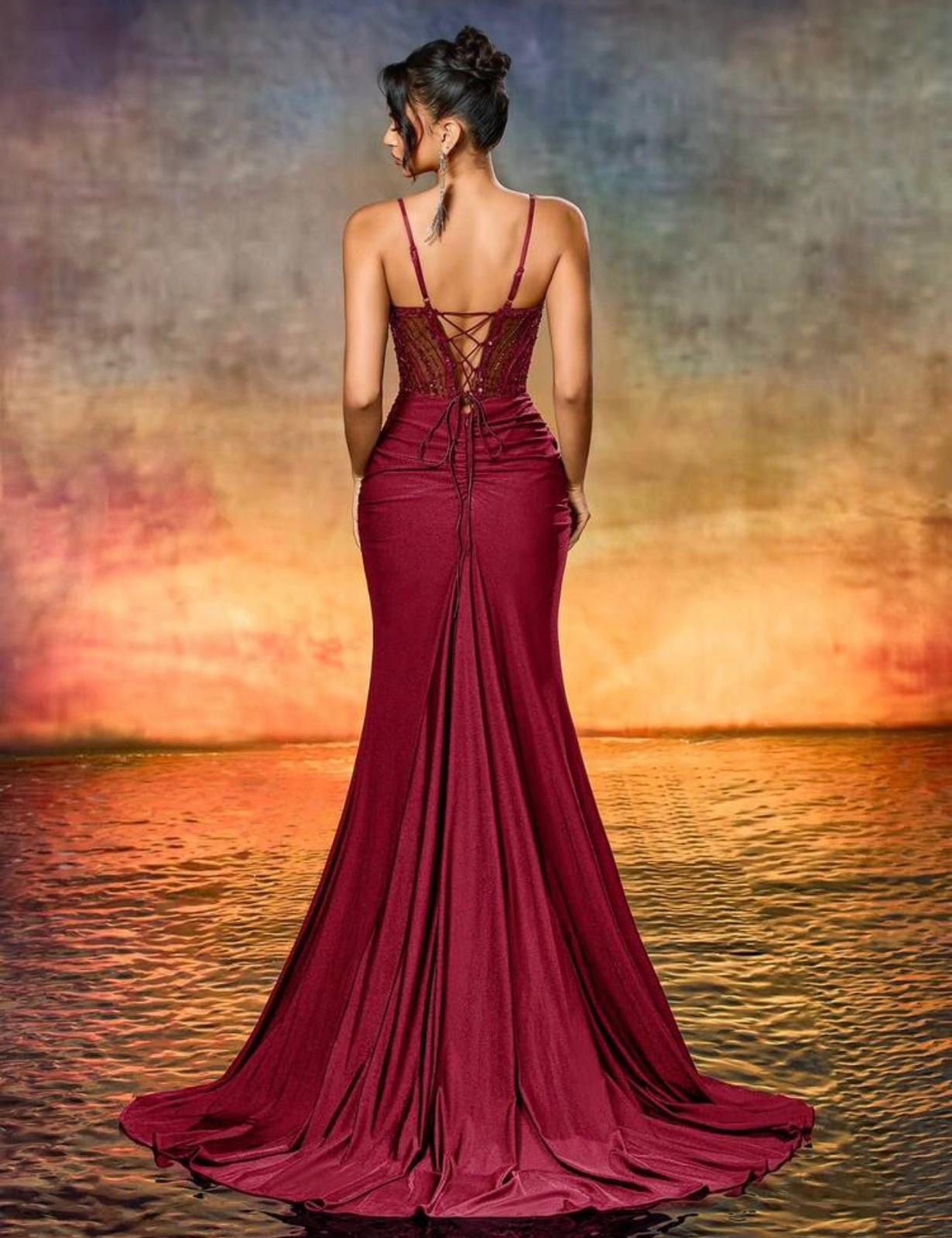 Alluring! Wine Red Satin Spaghetti Strap Sleeveless Mermaid Hem Tassel Party Evening Dress, Must-Have For Weddings And Parties size (XL)
