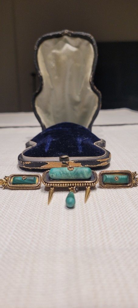 1880s 18K Gold Malachite Pin and Antique Earring Set (Includes Original Antique Box)