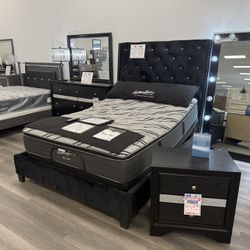 5 Piece Queen Bedroom Set Black Glam, Includes Bed Frame, Dresser, Mirror, Nightstand And Standing LED Mirror 