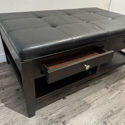 Big Ottoman Coffee Table with shelf and drawers Solid wood black leather