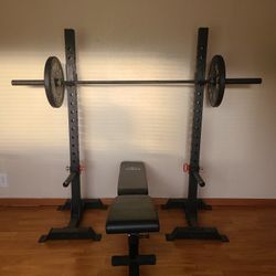 Please See Description. Hele Fitness "Kai" Squat stand w/ Flybird Bench and Rubber Mats