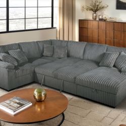 Gray RHF Fabric U-Shaped Pull Out Sectional Sofa w/ Storage Chaise + Pillows