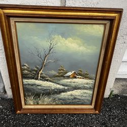 Vintage Countryside Rustic Winter Farm Scene Oil Painting by Deacon Total frame 26.5x30.5in Painting 20x24in