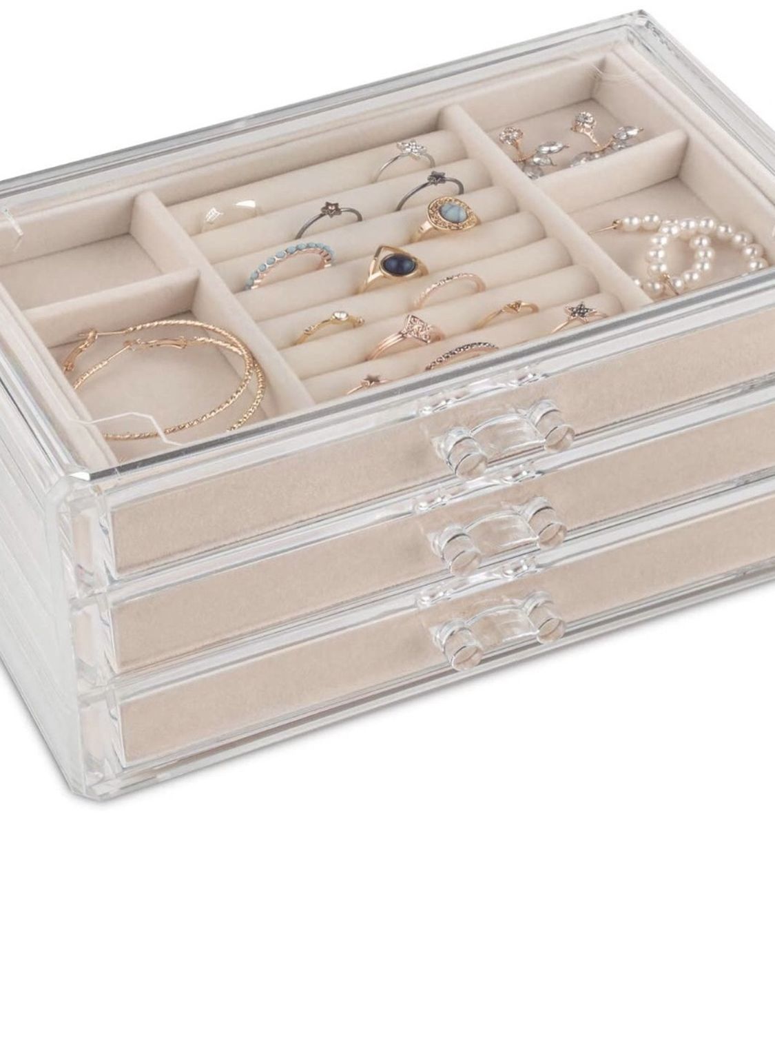 Acrylic Jewelry Organizer Box Women – 3 Drawers Clear Storage Case for Girls – Bracelet, Necklace & Ring Holder with Velvet Lining