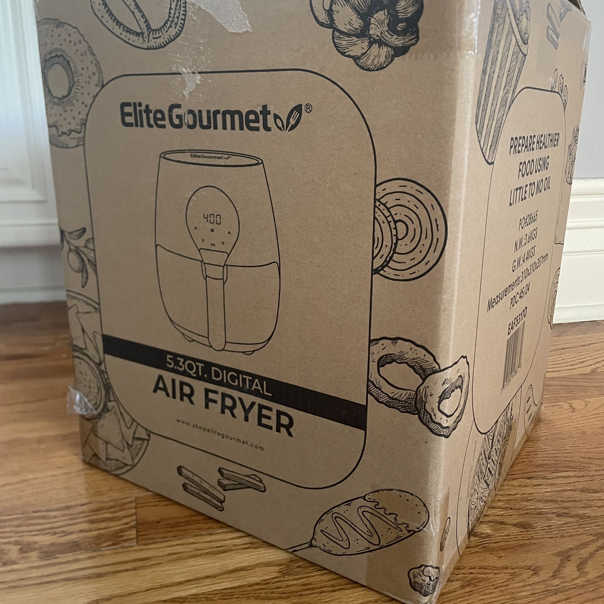 New In box Elite Gourmet EAF5317D Digital 5.3Qt Hot Air Fryer 7 Menu Functions 1350W Oil-Less Healthy Cooker, Timer & Temperature Controls, PFOA/PTFE 